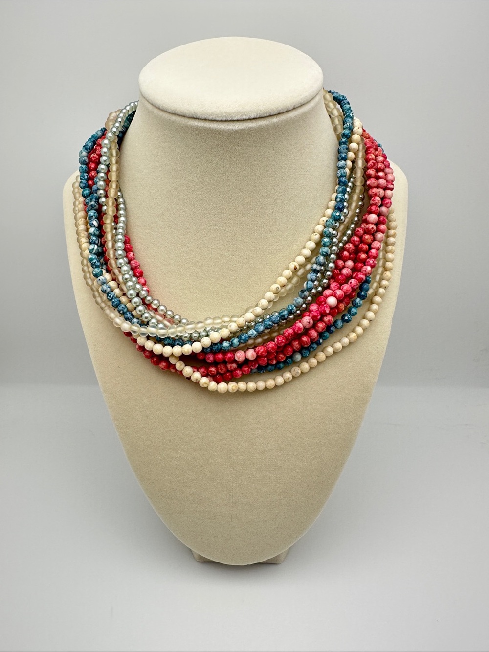 Classic Multicolor Beaded Necklace Set of Five - Red, Teal, Cream, Pearl, Silver - Picture 8 of 10